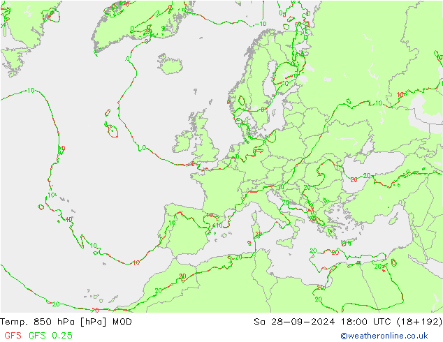 Temp. 850 hPa MOD Sa 28.09.2024 18 UTC