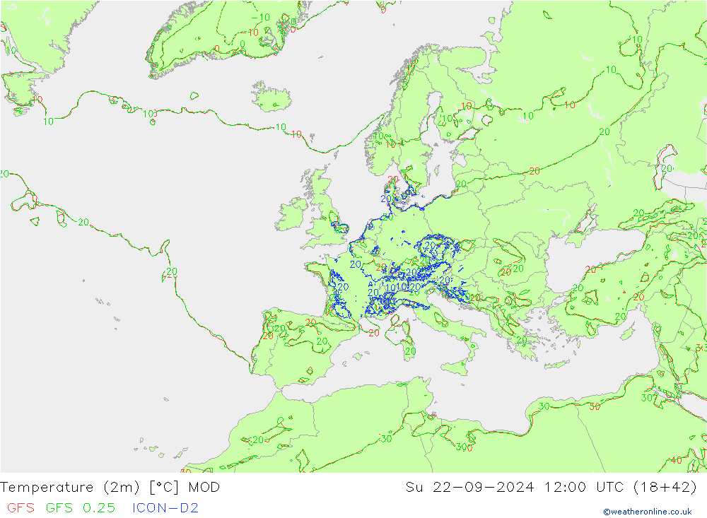 Temperaturkarte (2m) MOD So 22.09.2024 12 UTC