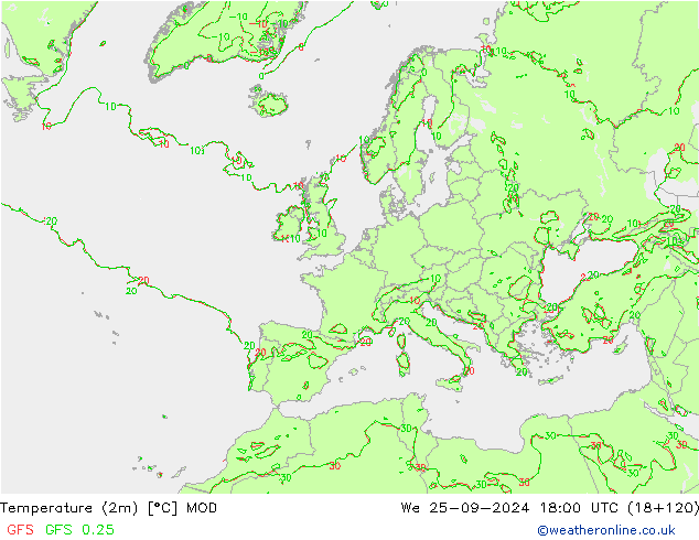 Sıcaklık Haritası (2m) MOD Çar 25.09.2024 18 UTC