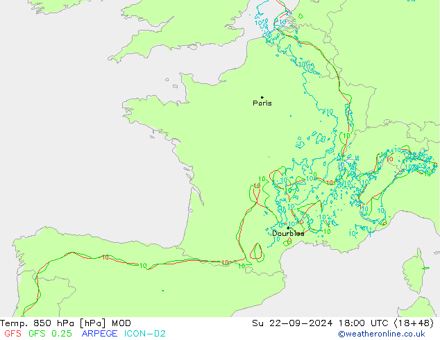 Temp. 850 hPa MOD So 22.09.2024 18 UTC