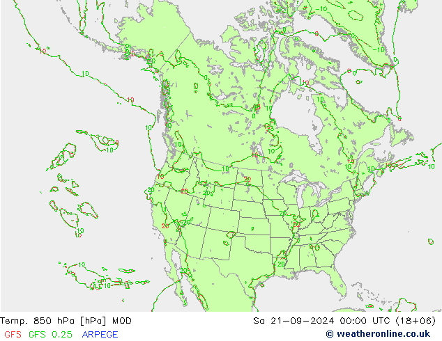 Temp. 850 hPa MOD Sa 21.09.2024 00 UTC