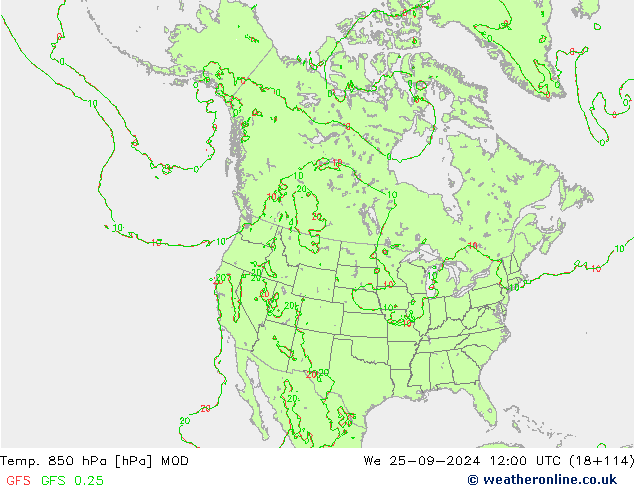 Temp. 850 hPa MOD śro. 25.09.2024 12 UTC