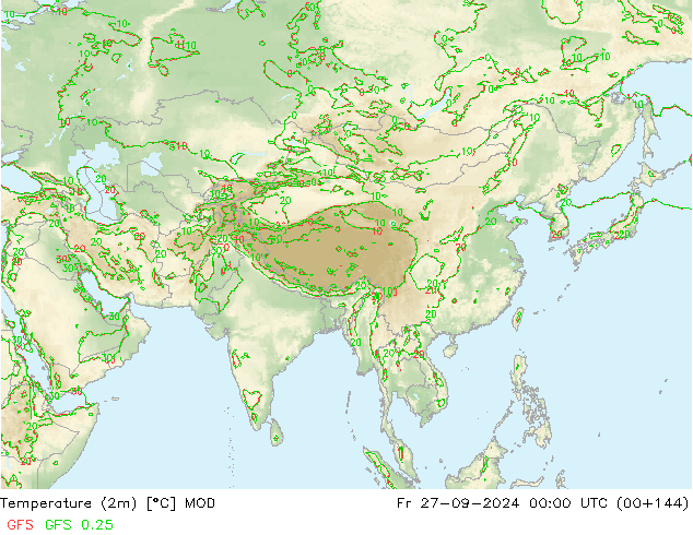 Temperature (2m) MOD Fr 27.09.2024 00 UTC