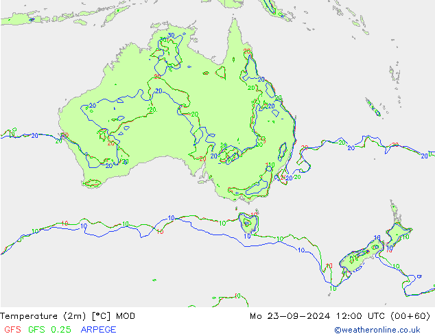 Temperature (2m) MOD Po 23.09.2024 12 UTC