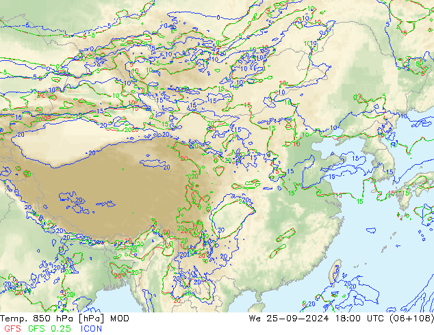 Temp. 850 hPa MOD 星期三 25.09.2024 18 UTC