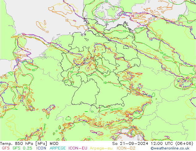 Temp. 850 hPa MOD 星期六 21.09.2024 12 UTC