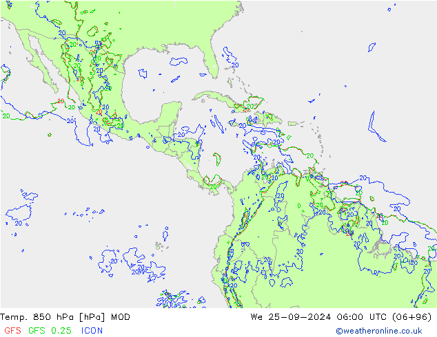 Temp. 850 hPa MOD We 25.09.2024 06 UTC