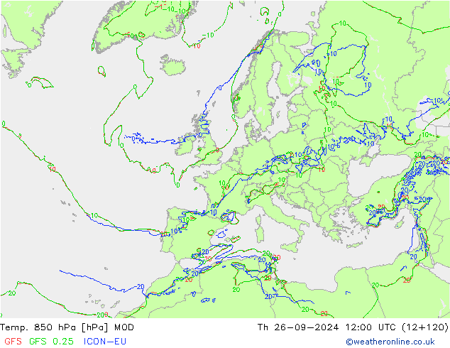 Temp. 850 hPa MOD Th 26.09.2024 12 UTC