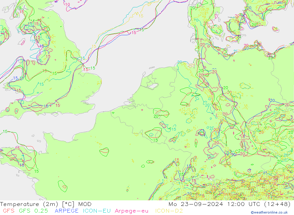 Temperaturkarte (2m) MOD Mo 23.09.2024 12 UTC