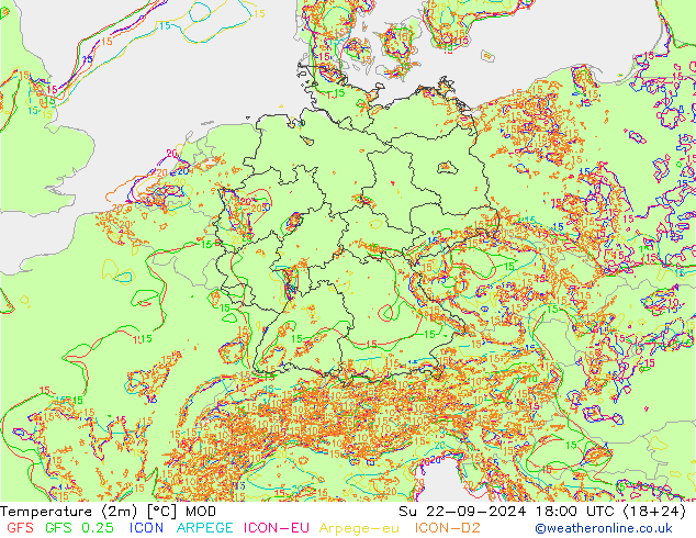 Temperatuurkaart (2m) MOD zo 22.09.2024 18 UTC