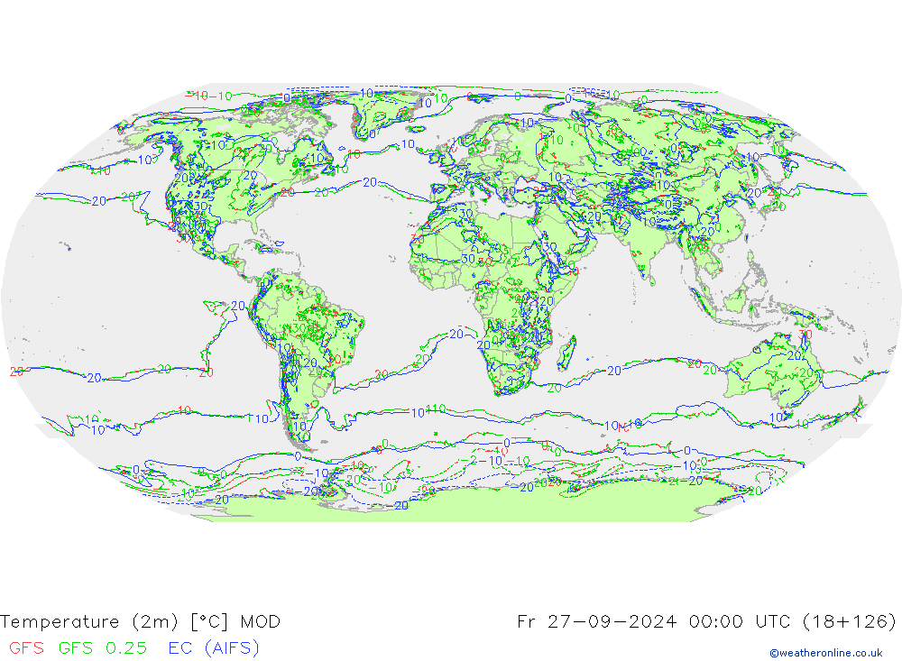 Temperatuurkaart (2m) MOD vr 27.09.2024 00 UTC