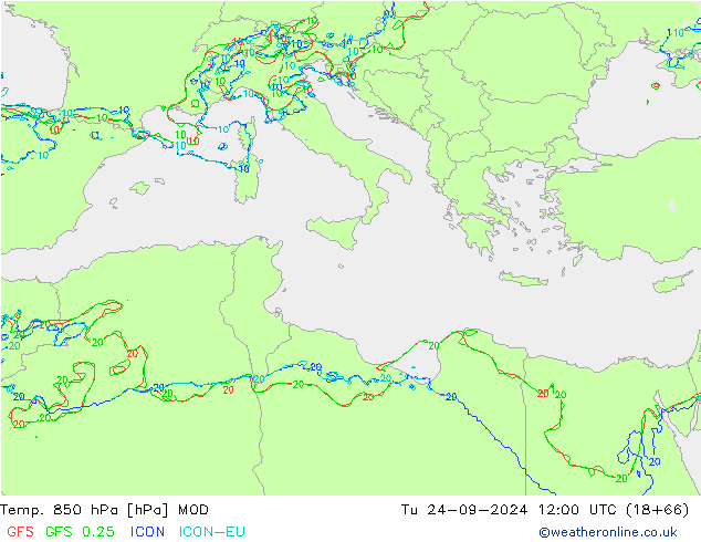 Temp. 850 hPa MOD Di 24.09.2024 12 UTC