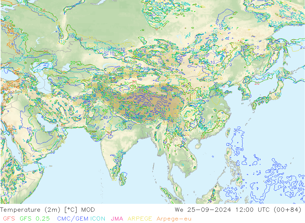 Temperatura (2m) MOD mer 25.09.2024 12 UTC