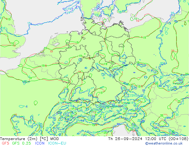 Temperature (2m) MOD Čt 26.09.2024 12 UTC