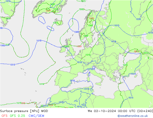 Pressione al suolo MOD mer 02.10.2024 00 UTC