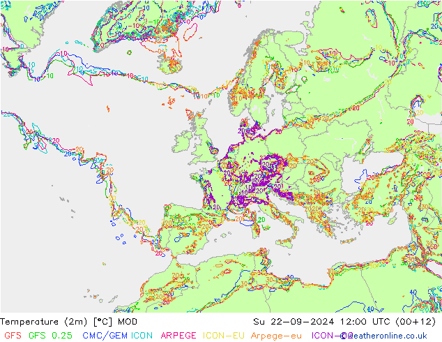 Temperaturkarte (2m) MOD So 22.09.2024 12 UTC