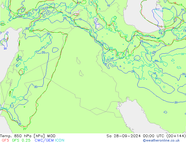 Temp. 850 hPa MOD So 28.09.2024 00 UTC