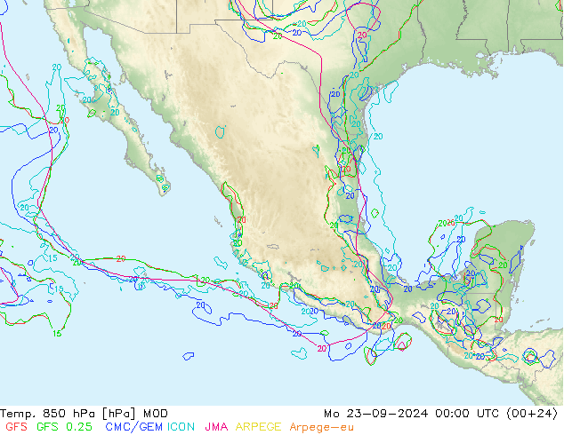 Temp. 850 hPa MOD Mo 23.09.2024 00 UTC