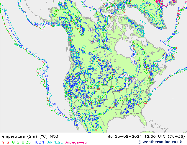 Temperature (2m) MOD Po 23.09.2024 12 UTC