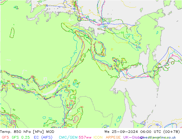 Temp. 850 гПа MOD ср 25.09.2024 06 UTC