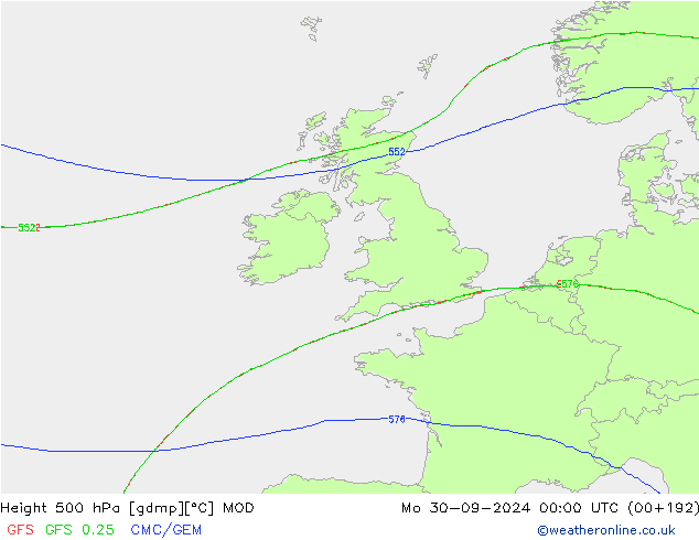 Hoogte 500 hPa MOD ma 30.09.2024 00 UTC