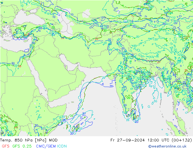 Temp. 850 hPa MOD vr 27.09.2024 12 UTC