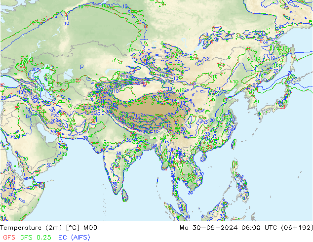 Temperatuurkaart (2m) MOD ma 30.09.2024 06 UTC