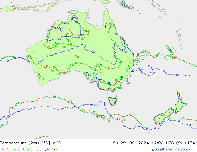 Temperatuurkaart (2m) MOD zo 29.09.2024 12 UTC