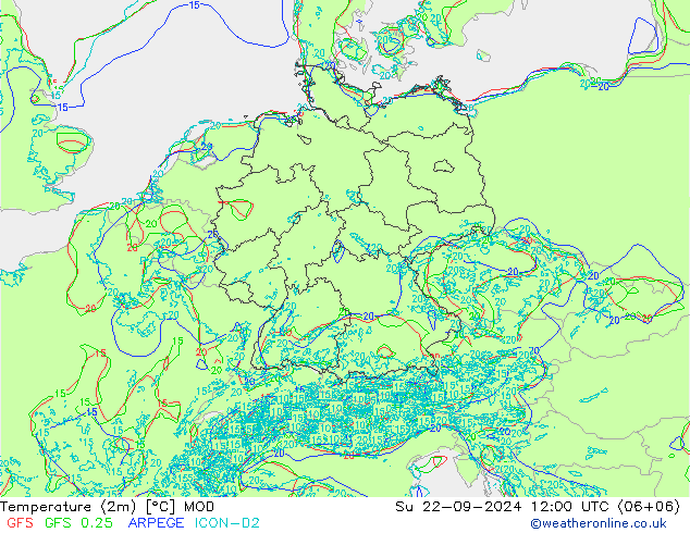 Temperature (2m) MOD Ne 22.09.2024 12 UTC