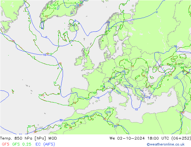 Temp. 850 hPa MOD wo 02.10.2024 18 UTC