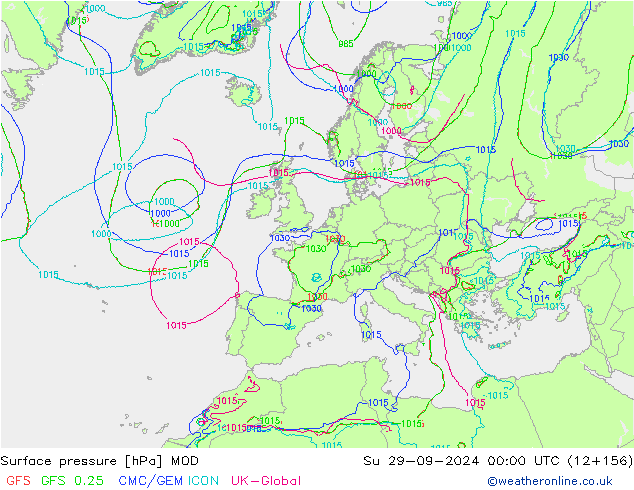 Surface pressure MOD Su 29.09.2024 00 UTC