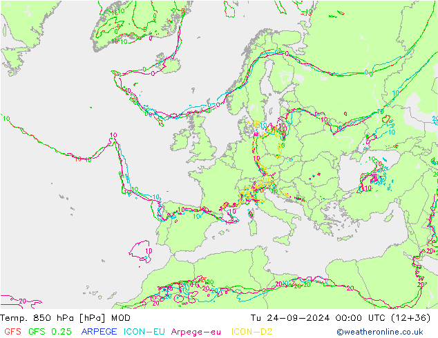 Temp. 850 hPa MOD Di 24.09.2024 00 UTC