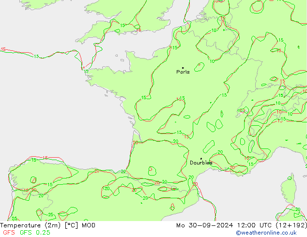 Temperaturkarte (2m) MOD Mo 30.09.2024 12 UTC