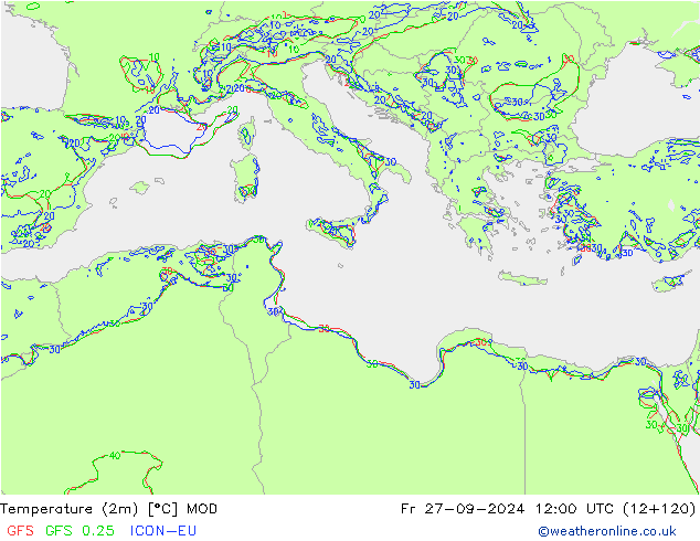 Sıcaklık Haritası (2m) MOD Cu 27.09.2024 12 UTC