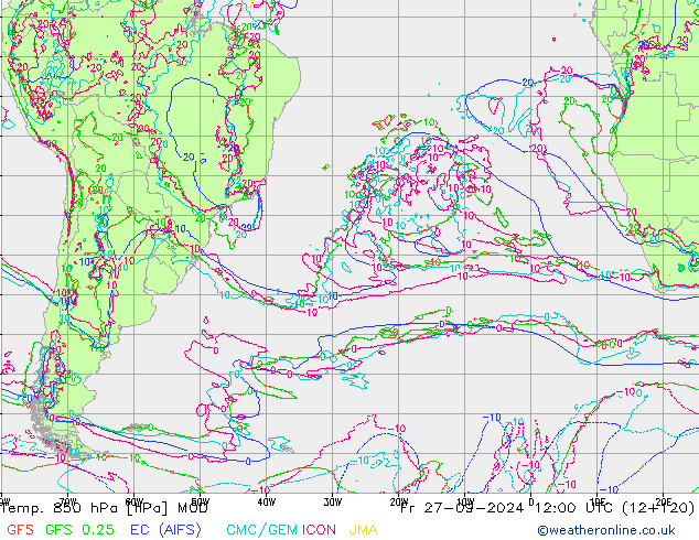 Temp. 850 hPa MOD ven 27.09.2024 12 UTC