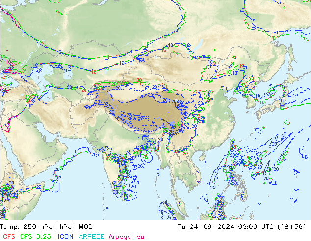 Temp. 850 hPa MOD Út 24.09.2024 06 UTC