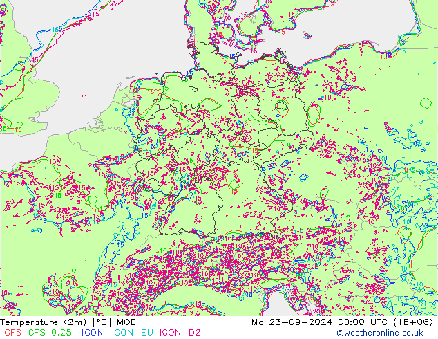 Temperaturkarte (2m) MOD Mo 23.09.2024 00 UTC