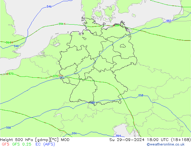 Geop. 500 hPa MOD dom 29.09.2024 18 UTC