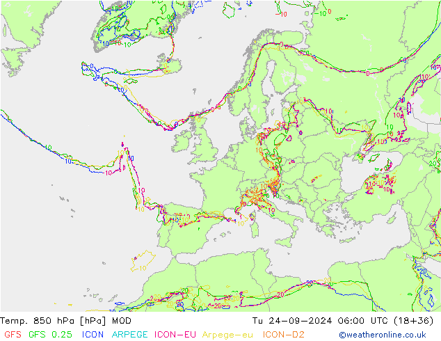 Temp. 850 hPa MOD Di 24.09.2024 06 UTC