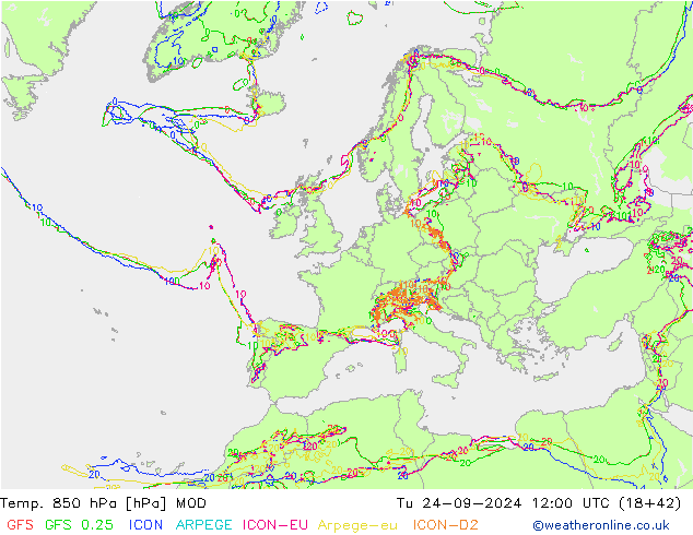 Temp. 850 hPa MOD Ter 24.09.2024 12 UTC