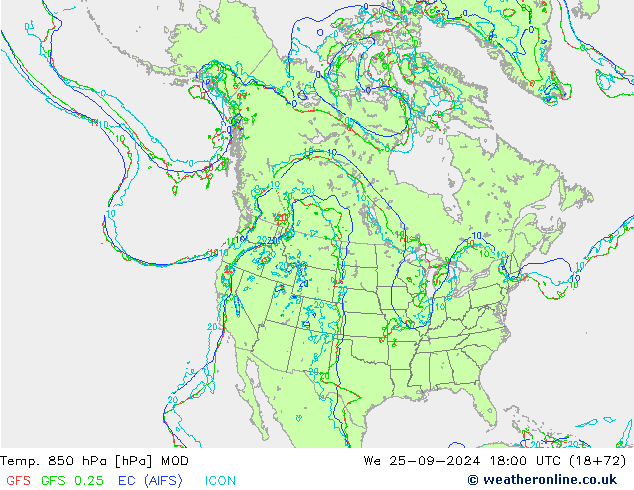 Temp. 850 hPa MOD mié 25.09.2024 18 UTC