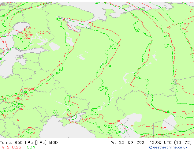 Temp. 850 hPa MOD mer 25.09.2024 18 UTC