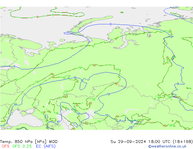 Temp. 850 hPa MOD Su 29.09.2024 18 UTC