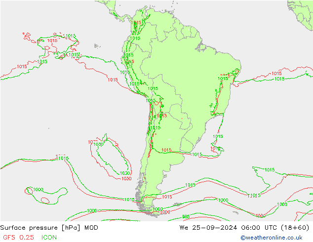 Atmosférický tlak MOD St 25.09.2024 06 UTC