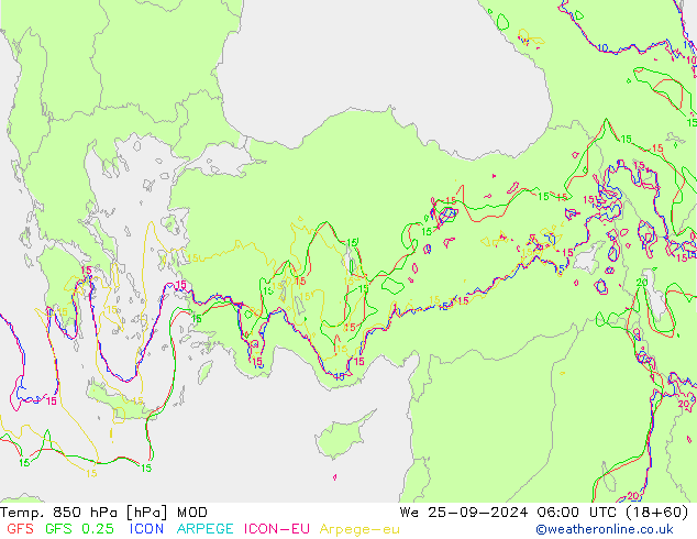 Temp. 850 hPa MOD We 25.09.2024 06 UTC