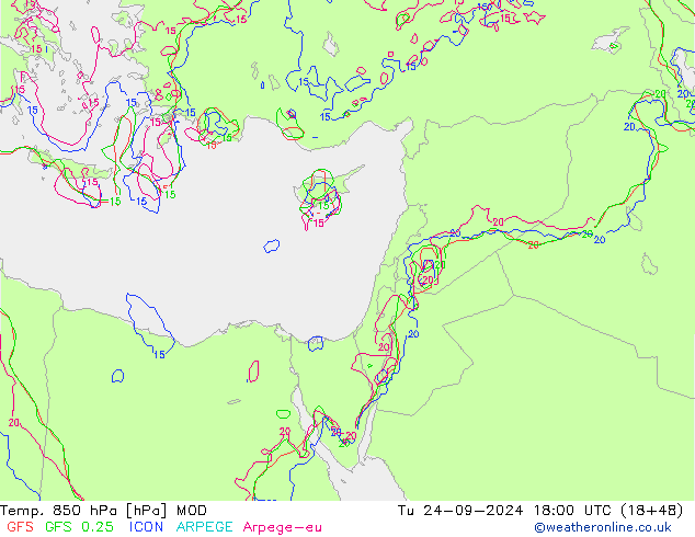 Temp. 850 hPa MOD Tu 24.09.2024 18 UTC