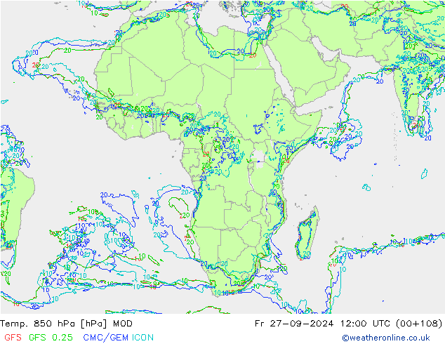 Temp. 850 hPa MOD Pá 27.09.2024 12 UTC