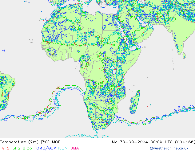 température (2m) MOD lun 30.09.2024 00 UTC