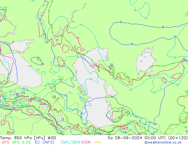 Temp. 850 hPa MOD so. 28.09.2024 00 UTC