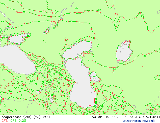 Temperatuurkaart (2m) MOD zo 06.10.2024 12 UTC